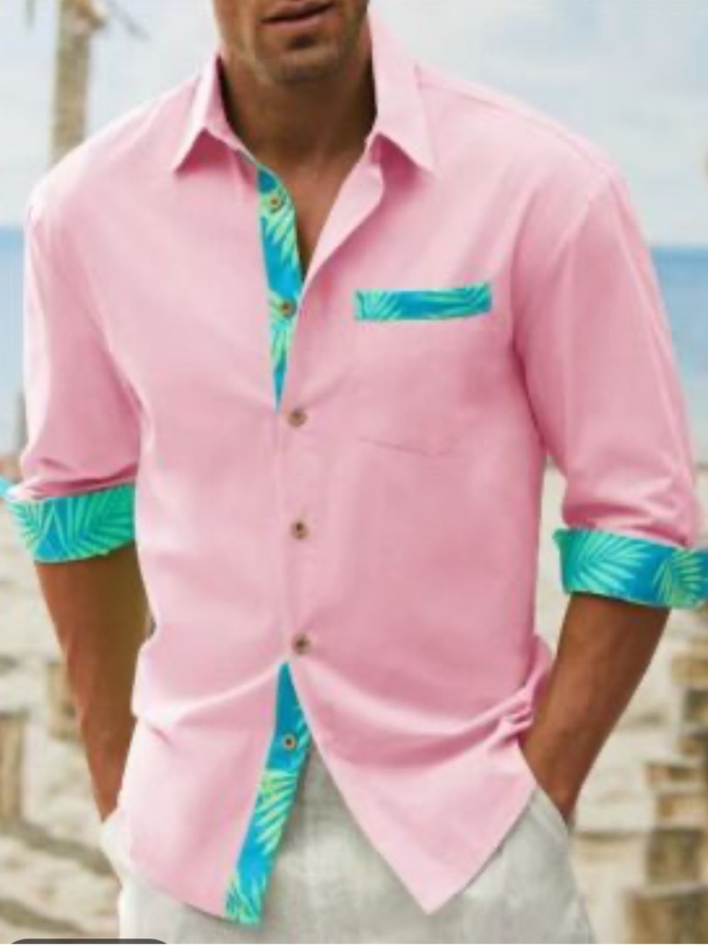 Men’s Pink 100% Cotton Button Down Shirt XL Tropical Beach Resort Island